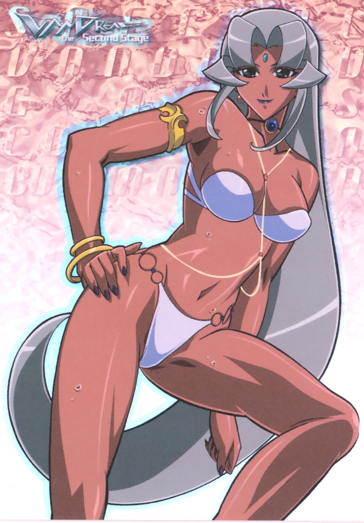 kuroda kazuya, buzam a calessa, vandread, gender request, 00s, 1girl, alternate costume, arm at side, armlet, bare legs, bare shoulders, bikini, bracelet, breasts, chain, chain necklace, choker, clenched hand, closed mouth, copyright name, dark-skinned female, dark skin, female focus, forehead jewel, genderswap, grey hair, hand on own hip, jewelry, lips, lipstick, long hair, looking at viewer, makeup, medium breasts, midriff, nail polish, navel, neck, necklace, parted bangs, purple lips, purple nails, smile, solo, standing, strapless, strapless bikini, sweat, swimsuit, very long hair, white bikini
