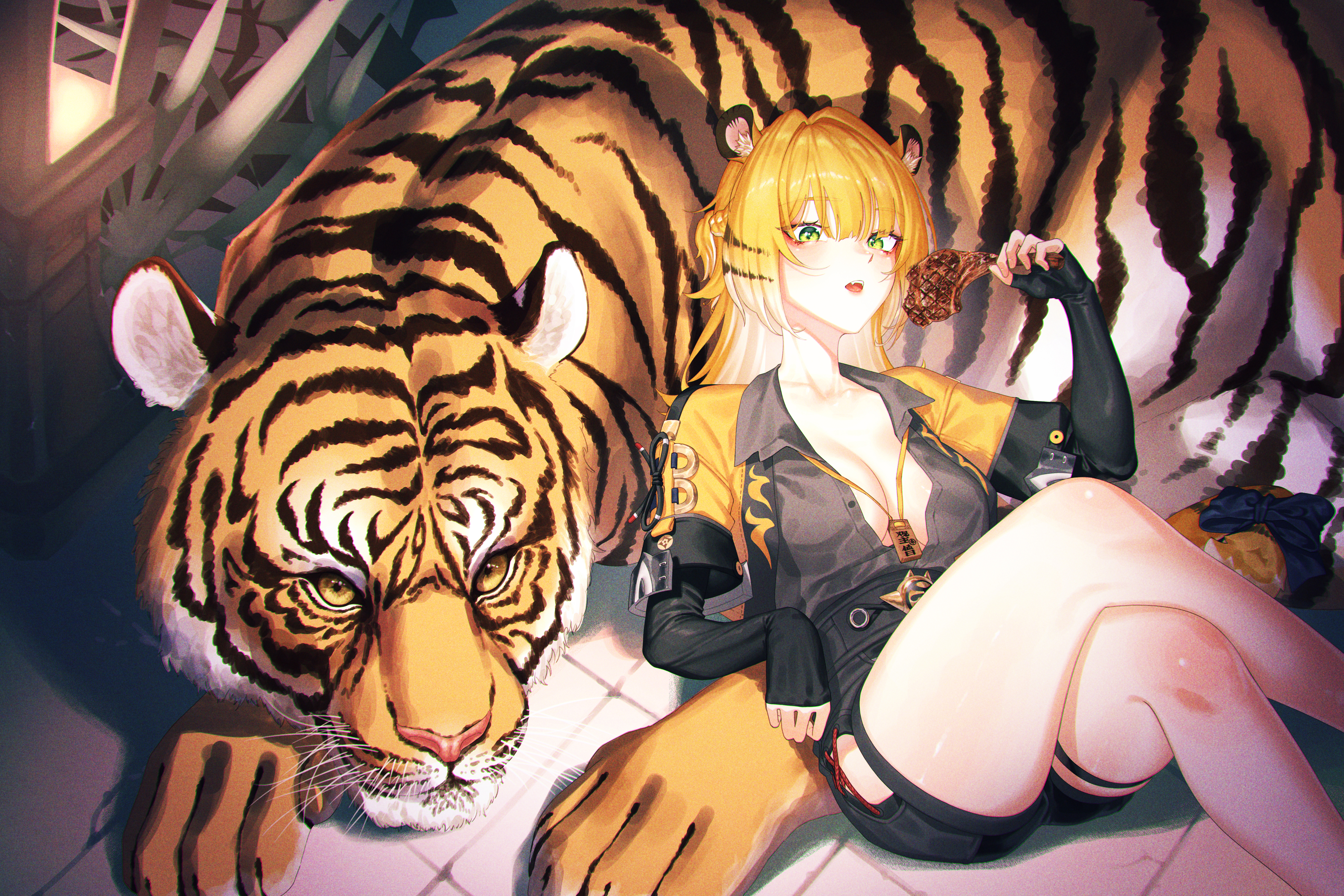skimun, ju fufu, zenless zone zero, absurdres, highres, 1girl, animal ears, black shirt, black shorts, blonde hair, blush, breasts, cleavage, crossed legs, food, green eyes, hair between eyes, holding, holding food, large breasts, long hair, looking at viewer, meat, open mouth, shirt, shorts, sidelocks, solo, tiger, tiger ears, tiger girl