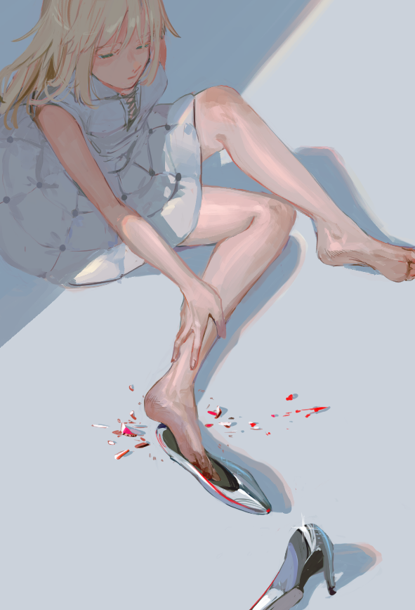 ubwmitekure, artoria caster (fate), artoria caster (first ascension) (fate), artoria pendragon (fate), fate/grand order, fate (series), commentary request, 1girl, avalon le fae (fate/grand order), bare shoulders, barefoot, blonde hair, blood, closed mouth, dress, green eyes, half-closed eyes, high heels, injury, long hair, shadow, shoes, simple background, sitting, sleeveless, sleeveless dress, solo, unworn shoes, white background, white dress