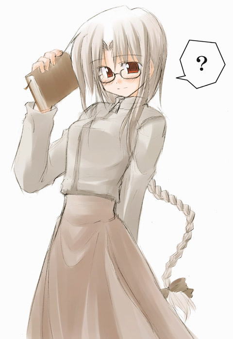 himura kiseki, archerko (himura kiseki), fate/stay night, fate (series), 00s, ?, arm behind back, blush, book, bookmark, bow, braid, dress, glasses, hair bow, long hair, red eyes, single braid, solo, speech bubble