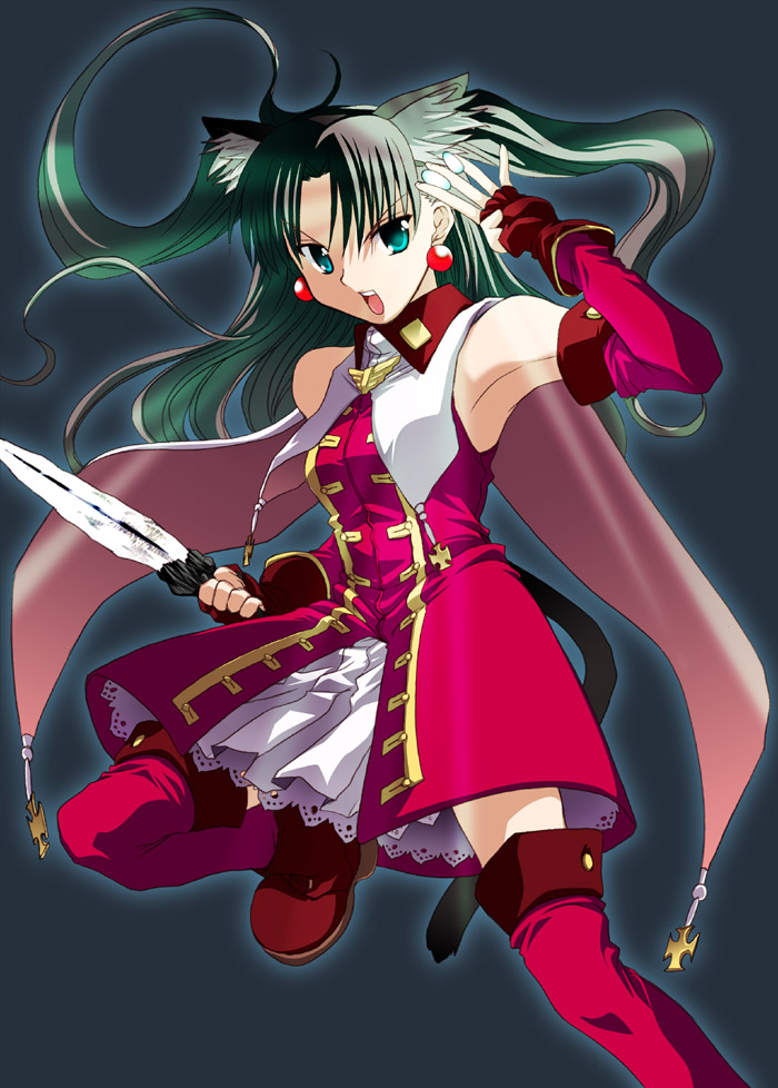 kaleido ruby, tohsaka rin, toosaka rin, fate/hollow ataraxia, fate/stay night, fate (series), 00s, 1girl, animal ears, boots, cat ears, cat tail, detached sleeves, female focus, knife, solo, tail, thigh boots, thighhighs