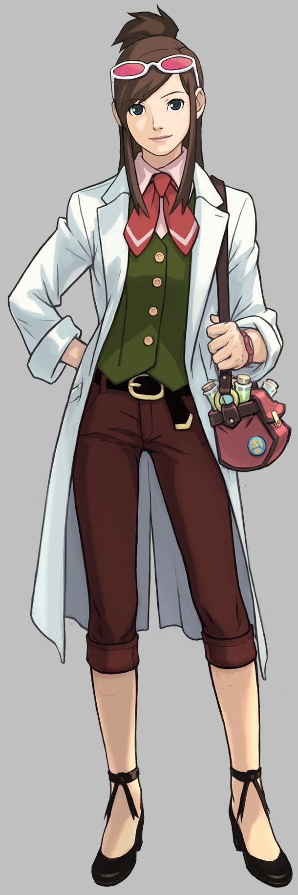 edaki shin'ya, ema skye, ace attorney, apollo justice: ace attorney, capcom, highres, official art, 1girl, bag, black shoes, brown hair, coat, female focus, glasses, grey background, half updo, shoes, simple background, sleeves rolled up, solo