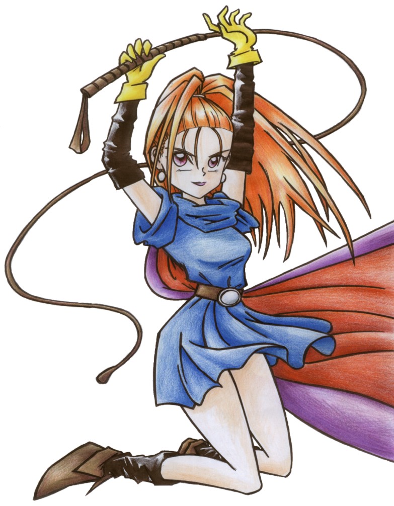 barbara (dq6), dragon quest, dragon quest vi, 1girl, cape, dress, elbow gloves, female focus, forehead, gloves, high ponytail, kneeling, long hair, ponytail, purple eyes, red hair, solo, whip