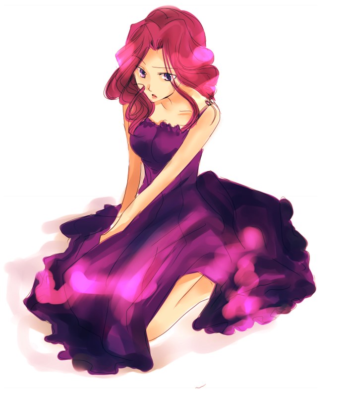 cornelia li britannia, code geass, 00s, bare shoulders, dress, kneeling, purple eyes, purple hair, solo