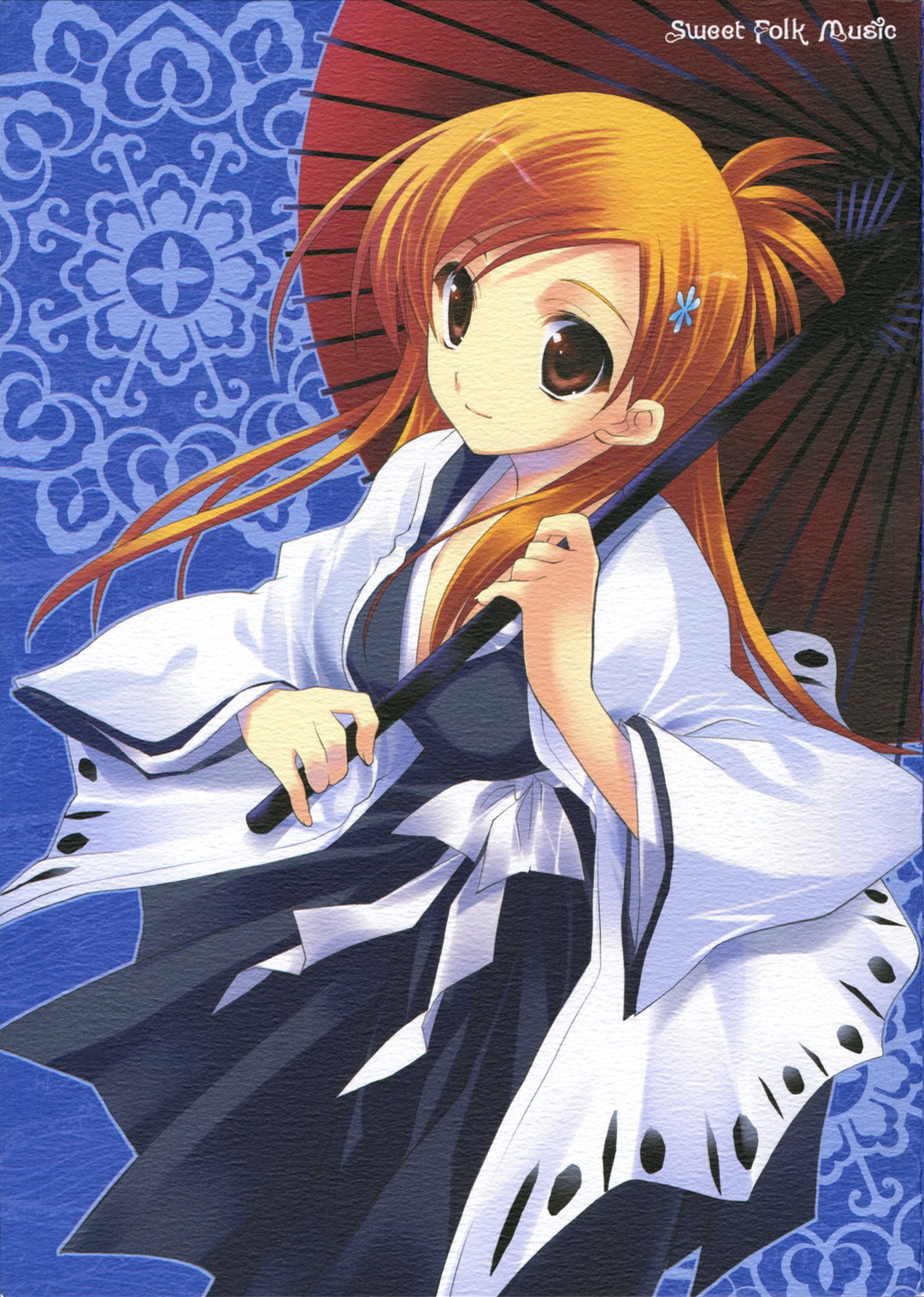 inoue orihime, bleach, highres, 00s, brown eyes, long hair, oil-paper umbrella, orange hair, parasol, solo, umbrella