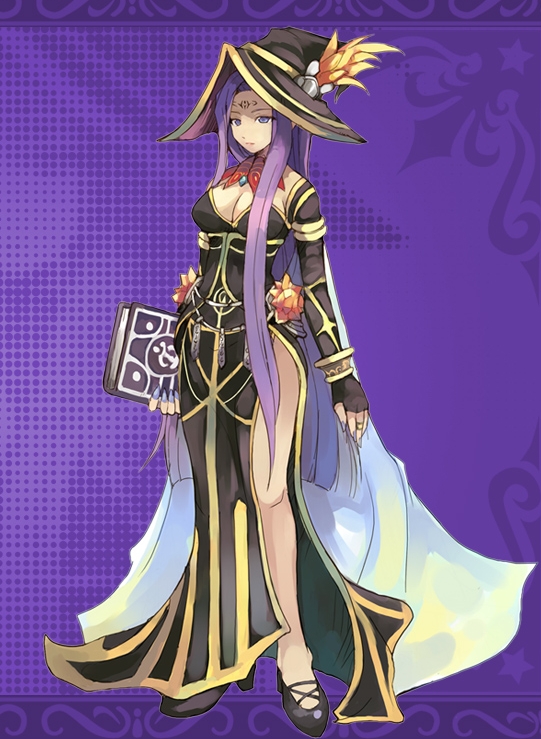 shibano kaito, claire (luminous arc), luminous arc, 1girl, book, breasts, choker, cleavage, detached sleeves, dress, female focus, hat, high heels, jewelry, large breasts, legs, lipstick, long hair, makeup, nail polish, purple eyes, purple hair, purple nails, ring, shoes, solo, standing, very long hair, witch, witch hat