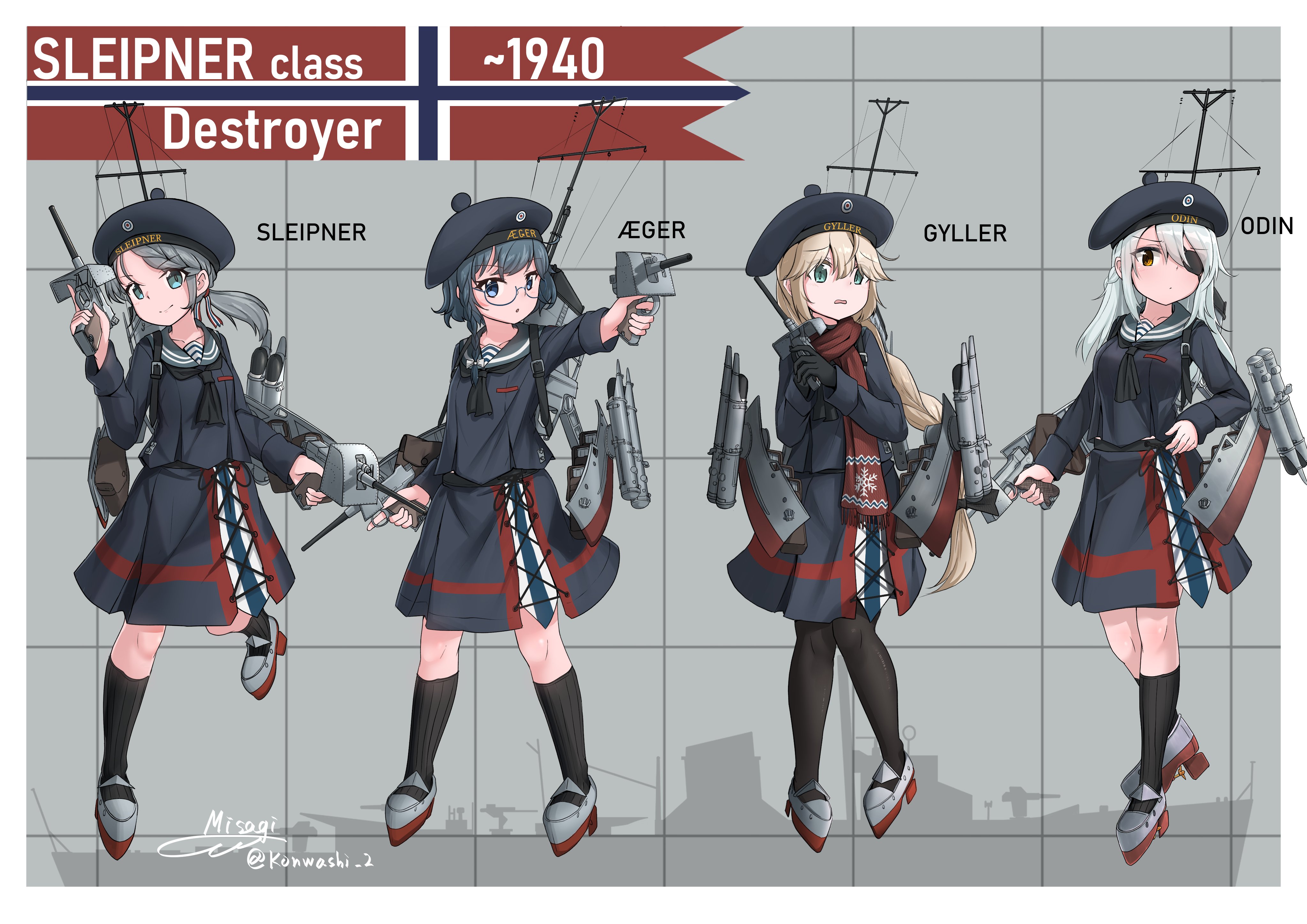 teisei misagi, original, absurdres, highres, 4girls, black neckerchief, black pantyhose, black socks, blonde hair, blue eyes, blue hair, blue hat, blue sailor collar, blue serafuku, braid, eyepatch, full body, glasses, green eyes, grey hair, grey shoes, hat, looking at another, low twintails, mecha musume, military, military hat, military uniform, miniskirt, multiple girls, neckerchief, norway, pantyhose, personification, red eyes, sailor collar, sailor hat, school uniform, serafuku, ship turret, shoes, skirt, socks, twintails, white hair