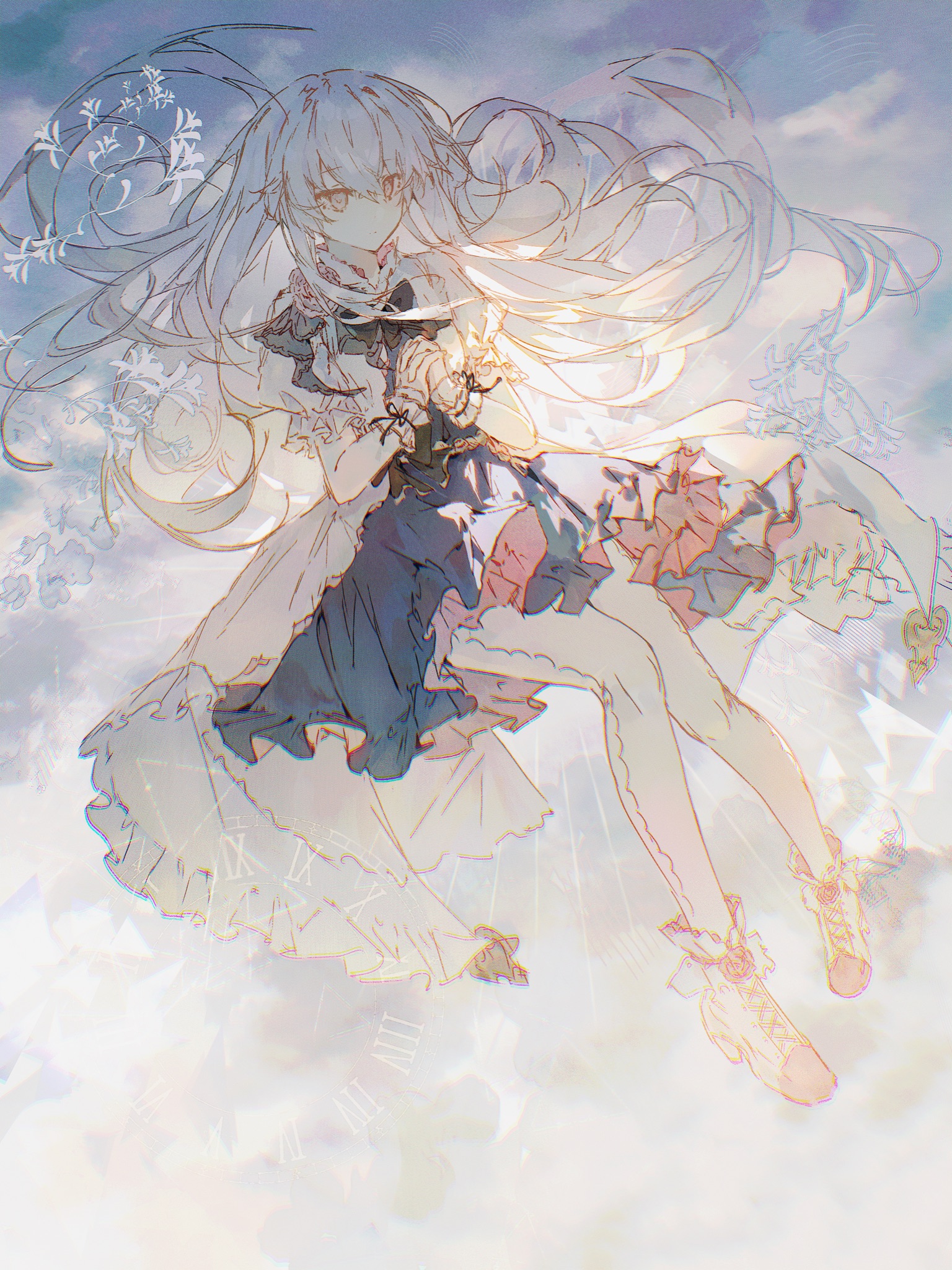 hikari (arcaea), hikari (reunion) (arcaea), arcaea, highres, 1girl, black bow, black bowtie, black dress, boots, bow, bowtie, dress, flower, frilled dress, frilled sleeves, frilled wrist cuffs, frills, grey hair, head wreath, lacrymira 0, long hair, own hands together, pantyhose, pink flower, pink rose, puffy short sleeves, puffy sleeves, red eyes, rose, short sleeves, solo, white boots, white dress, white pantyhose, wrist cuffs