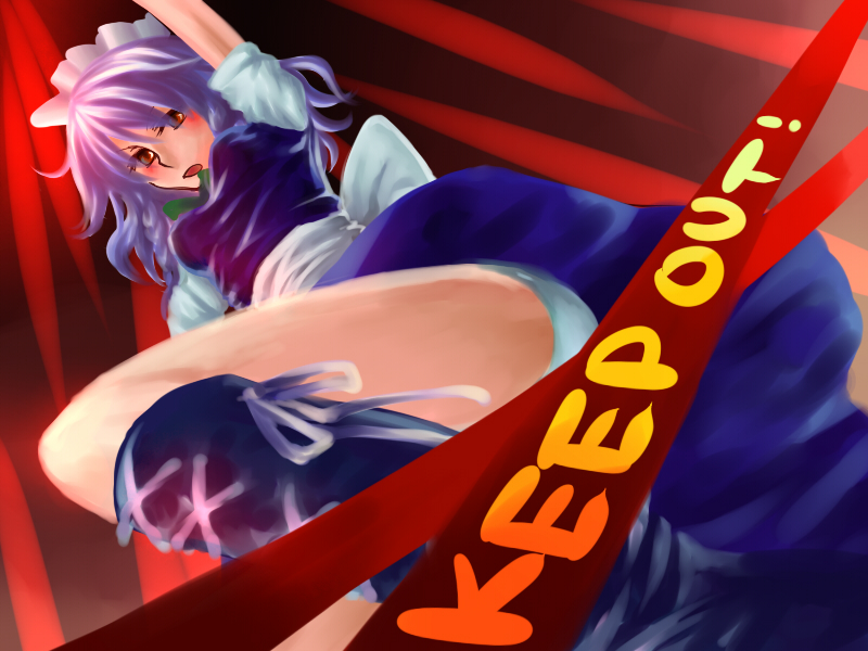 saia (mafoi), izayoi sakuya, touhou, silver hair, 1girl, blush, braid, female focus, maid, panties, purple hair, short hair, solo, twin braids, underwear