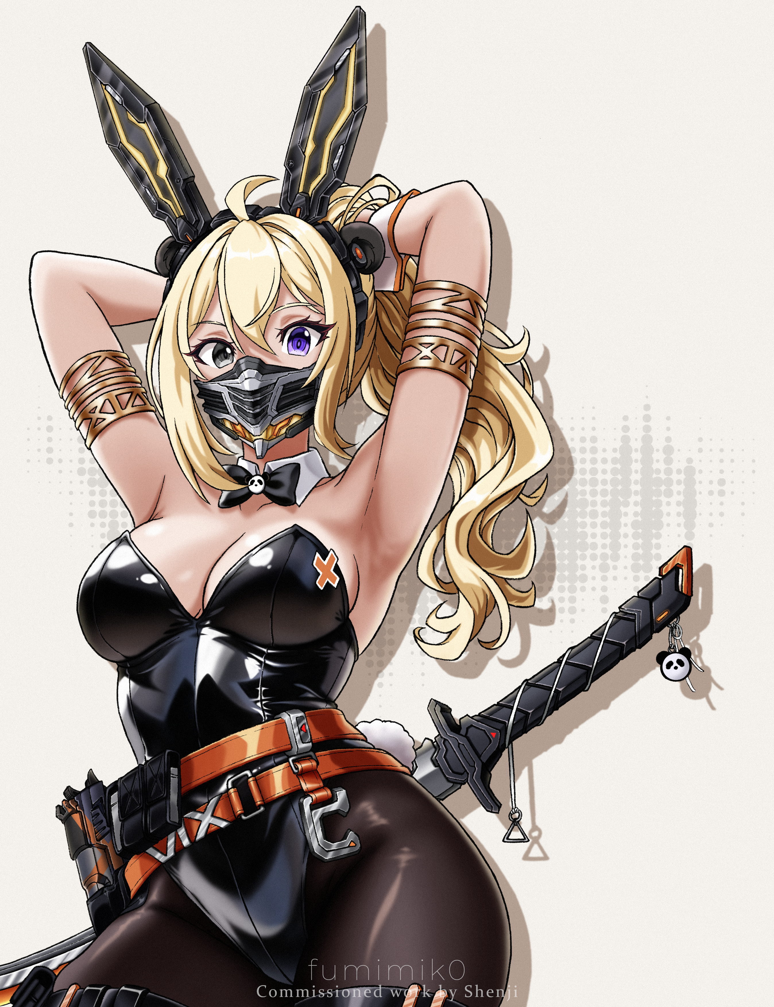 original, commission, highres, 1girl, ahoge, animal ears, armpits, arms up, artist name, belt, black eyes, blonde hair, breasts, cleavage, collarbone, detached collar, fake animal ears, fumimik0, hair between eyes, hands up, heterochromia, large breasts, leotard, looking at viewer, mask, pantyhose, ponytail, purple eyes, rabbit ears, robot ears, simple background, solo, sword, weapon, wrist cuffs