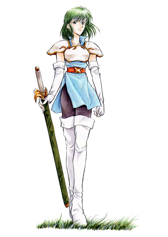 mayumi hirota, misha (fire emblem), fire emblem, fire emblem: thracia 776, nintendo, pegasus knight uniform (fire emblem), official art, 1girl, boots, elbow gloves, female focus, gloves, green hair, solo, sword, thigh boots, thighhighs, weapon