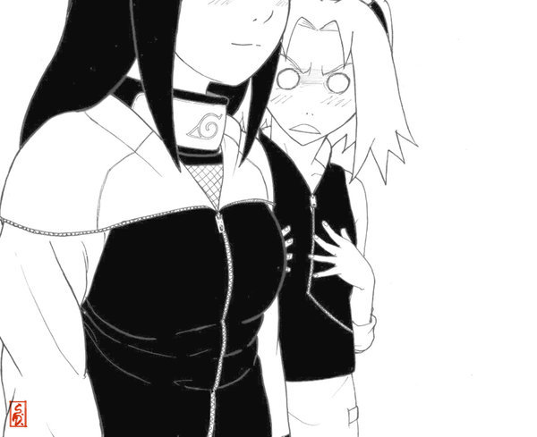 sharingandevil, haruno sakura, hyuuga hinata, naruto (classic), naruto (series), 2girls, blush, breast envy, breasts, flat chest, large breasts, monochrome, multiple girls