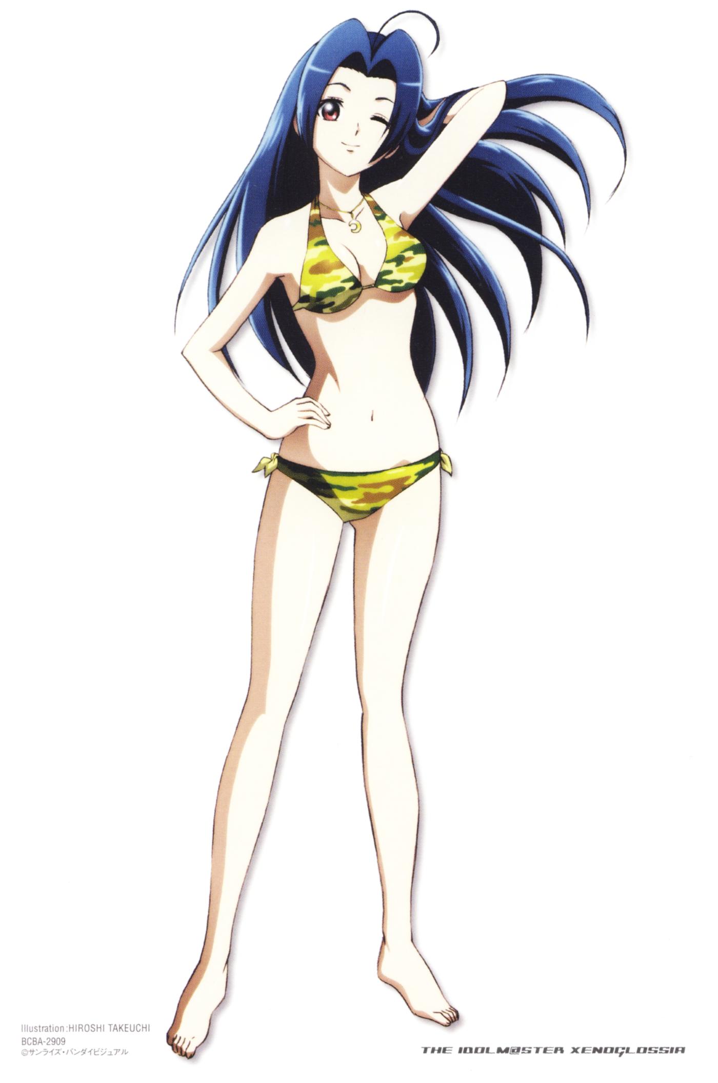 takeuchi hiroshi, miura azusa, idolmaster, idolmaster xenoglossia, highres, 00s, 1girl, ahoge, arm up, artist name, barefoot, bikini, blue hair, camouflage, camouflage bikini, copyright name, female focus, full body, hand on own hip, jewelry, long hair, navel, necklace, one eye closed, simple background, solo, standing, swimsuit, white background, yellow bikini