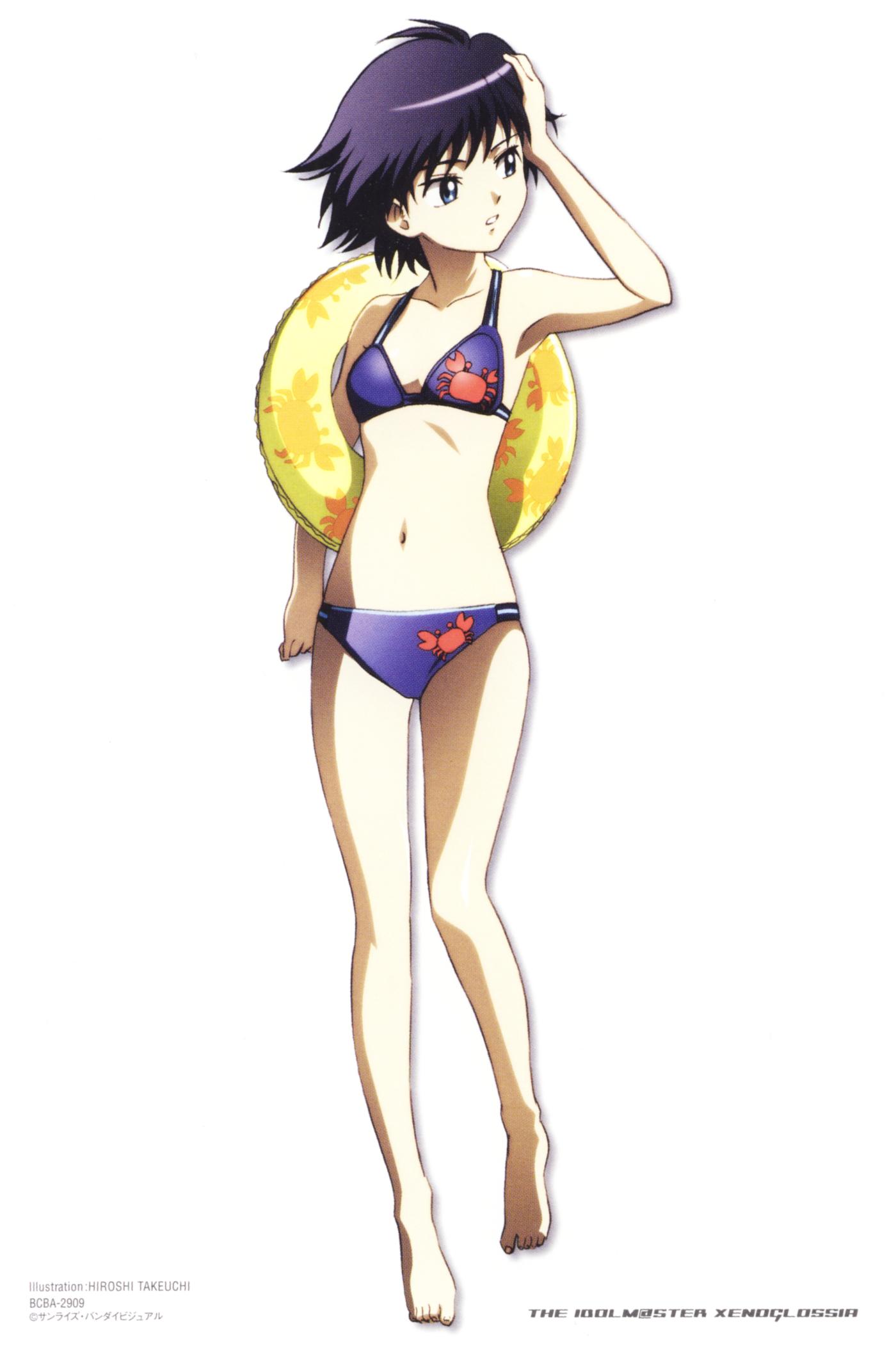 takeuchi hiroshi, kikuchi makoto, idolmaster, idolmaster xenoglossia, highres, 00s, bikini, blue bikini, crab, innertube, print bikini, solo, swim ring, swimsuit