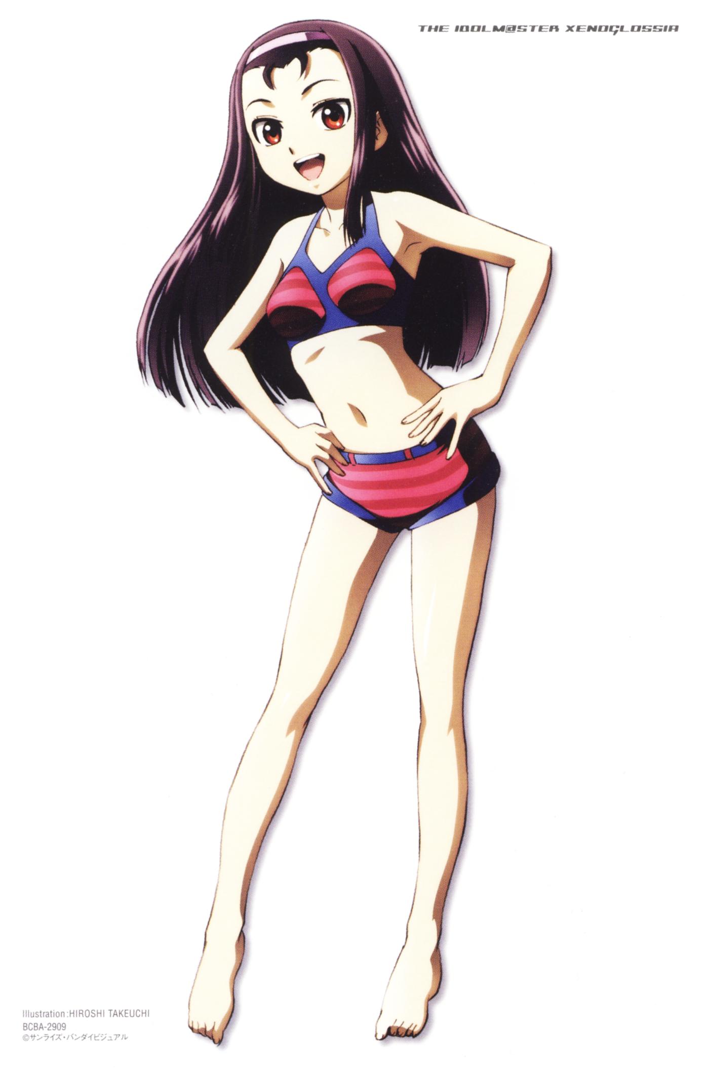 takeuchi hiroshi, minase iori, idolmaster, idolmaster xenoglossia, highres, 00s, bikini, black hair, feet, hairband, midriff, red eyes, short shorts, shorts, solo, standing, striped bikini, striped clothes, swimsuit