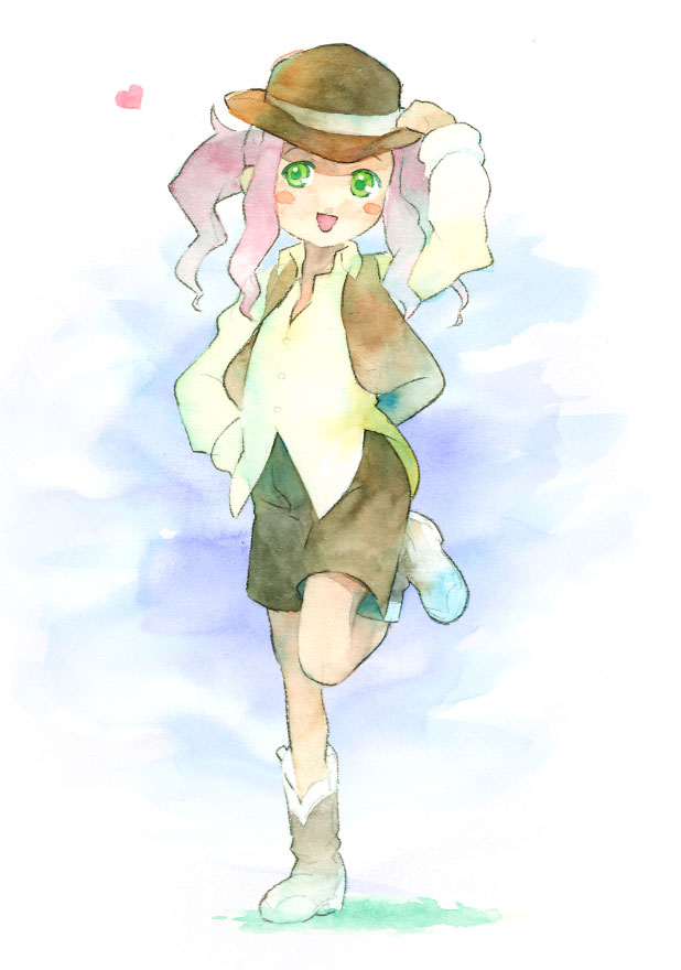 sakenotorii, lirio, el cazador de la bruja, 00s, green eyes, hat, pink hair, solo