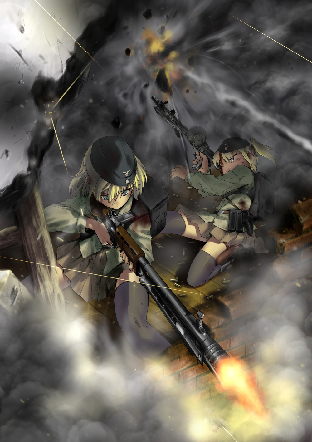 miharu (cgsky), original, highres, 2girls, automatic rifle, battle, battle rifle, blonde hair, blue eyes, fallschirmjaeger, fg42, firing, garrison cap, gun, handgun, hat, holding, holding gun, holding weapon, holster, machine gun, mg 34, military, military uniform, multiple girls, pistol, rifle, shell casing, short hair, skirt, thighhighs, war, weapon, wehrmacht, world war ii, zettai ryouiki