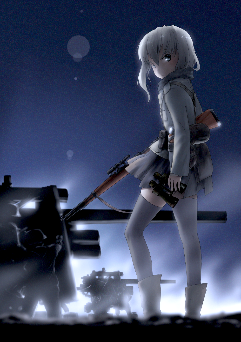 miharu (cgsky), original, silver hair, sniper, uniform, highres, 1girl, 88mm flak, anti-aircraft, anti-aircraft gun, artillery, binoculars, boots, combat helmet, gun, helmet, karabiner 98k, legs, lens flare, looking at viewer, military, night, outdoors, rifle, scope, serious, short hair, skirt, sniper rifle, soldier, solo focus, stahlhelm, thighhighs, weapon, world war ii, zettai ryouiki