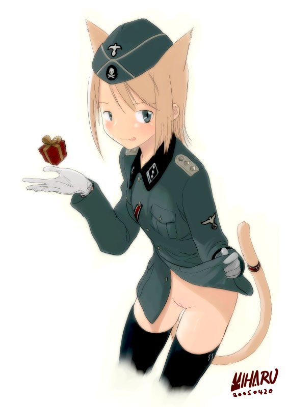 miharu (cgsky), original, 1girl, animal ears, black thighhighs, bottomless, cat ears, cat tail, female focus, garrison cap, gift, gloves, hat, military, nazi, no panties, pussy, soldier, solo, swastika, tail, thighhighs, tongue, totenkopf, uncensored, waffen ss, world war ii