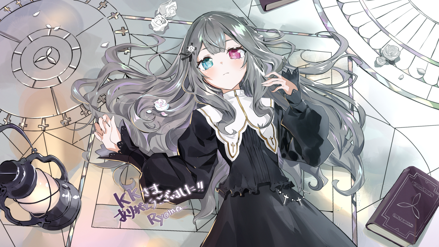 ryoma (rym 369), indie virtual youtuber, 1girl, berue pokku, black dress, blue eyes, book, dress, grey hair, heterochromia, lamp, long hair, long sleeves, lying, pink eyes, virtual youtuber