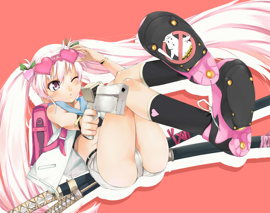 u (the unko), ghostbusters, original, 1girl, ass, backpack, bag, female focus, gun, handgun, long hair, midriff, one eye closed, pink eyes, pink hair, pistol, randoseru, revolver, socks, solo, sword, twintails, weapon, wink
