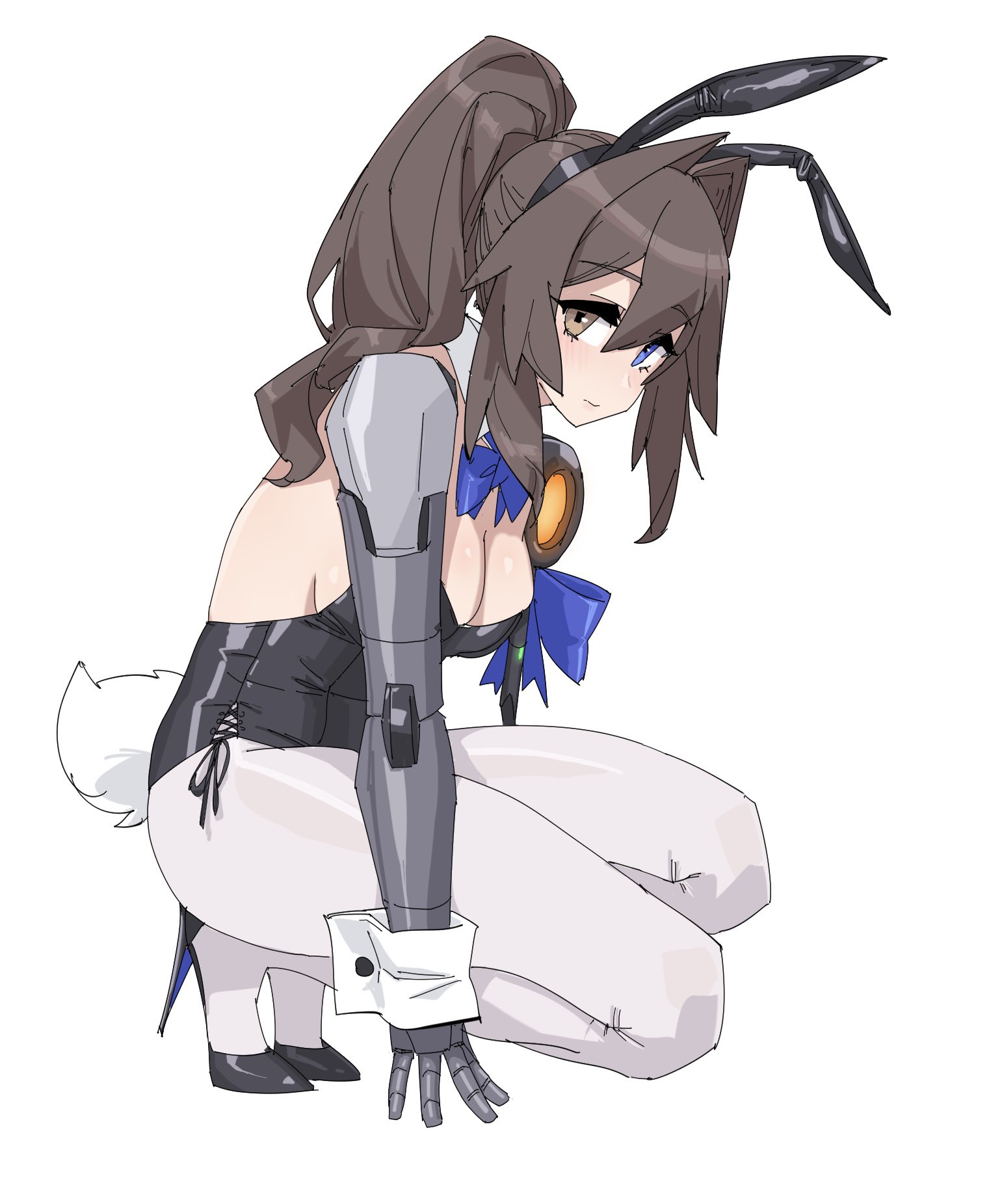 stank, original, highres, 1girl, animal ears, black leotard, black shoes, blue bow, blue bowtie, blue eyes, blush, bow, bowtie, breasts, brown eyes, brown hair, cleavage, collar, d'orsay heels, fake animal ears, heterochromia, high heels, high ponytail, large breasts, legs together, leotard, looking at viewer, pantyhose, playboy bunny, ponytail, prosthesis, prosthetic arm, rabbit ears, rabbit tail, shoes, squatting, tail, white collar, white pantyhose, white wrist cuffs, wrist cuffs