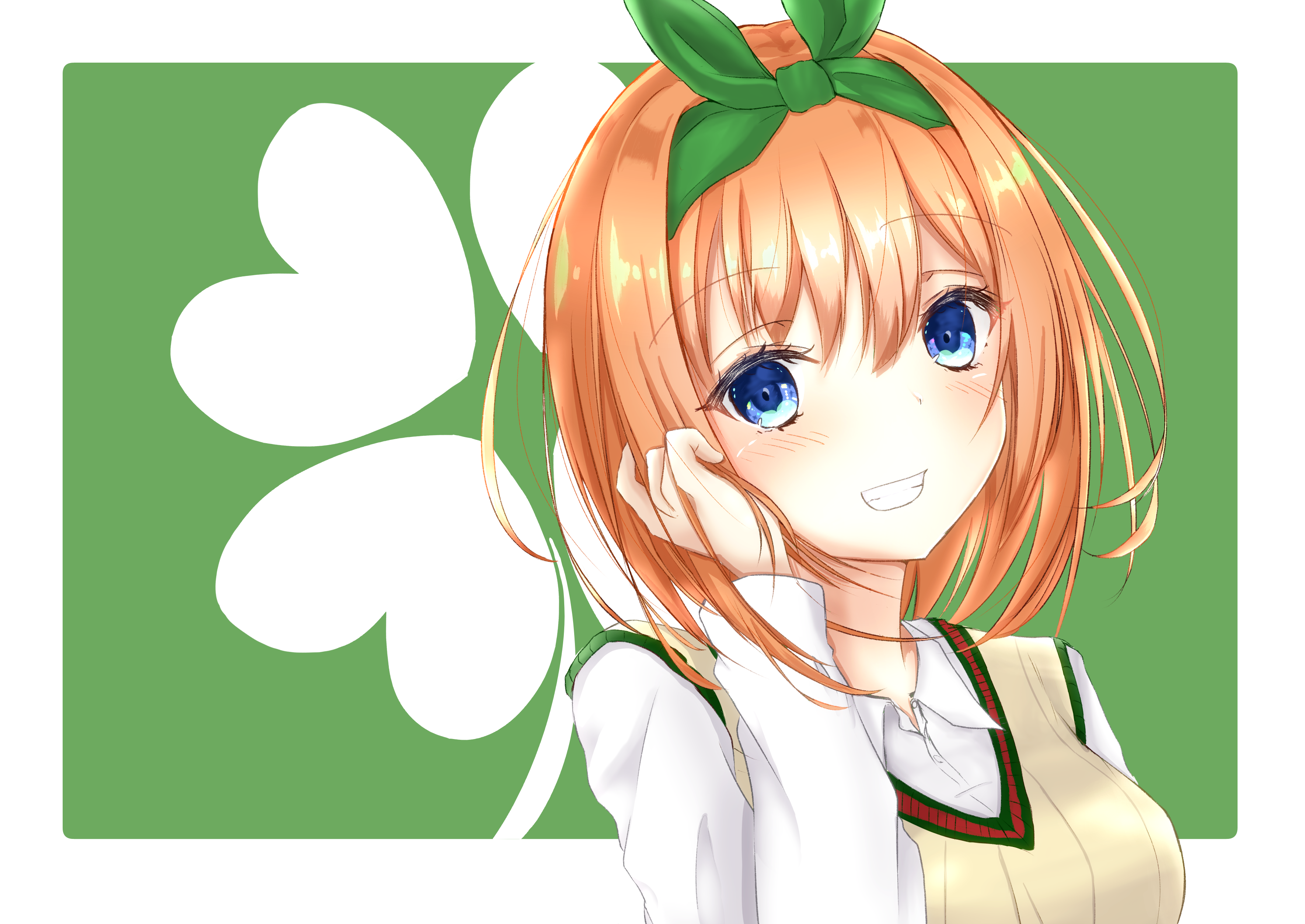 all justice, nakano yotsuba, go-toubun no hanayome, absurdres, commentary request, highres, 1girl, :d, blue eyes, blush, border, eyelashes, green background, green ribbon, grin, hair between eyes, hair ribbon, happy, long sleeves, looking at viewer, medium hair, on bed, open mouth, orange hair, ribbon, school uniform, shirt, simple background, smile, solo, straight hair, sweater vest, upper body, white border, white shirt, yellow sweater vest