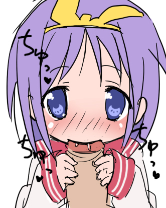 itou life, hiiragi tsukasa, lucky star, lowres, 00s, 1girl, :>=, blush, fellatio, handjob, oral, penis, pov, solo focus, two-handed handjob, uncensored
