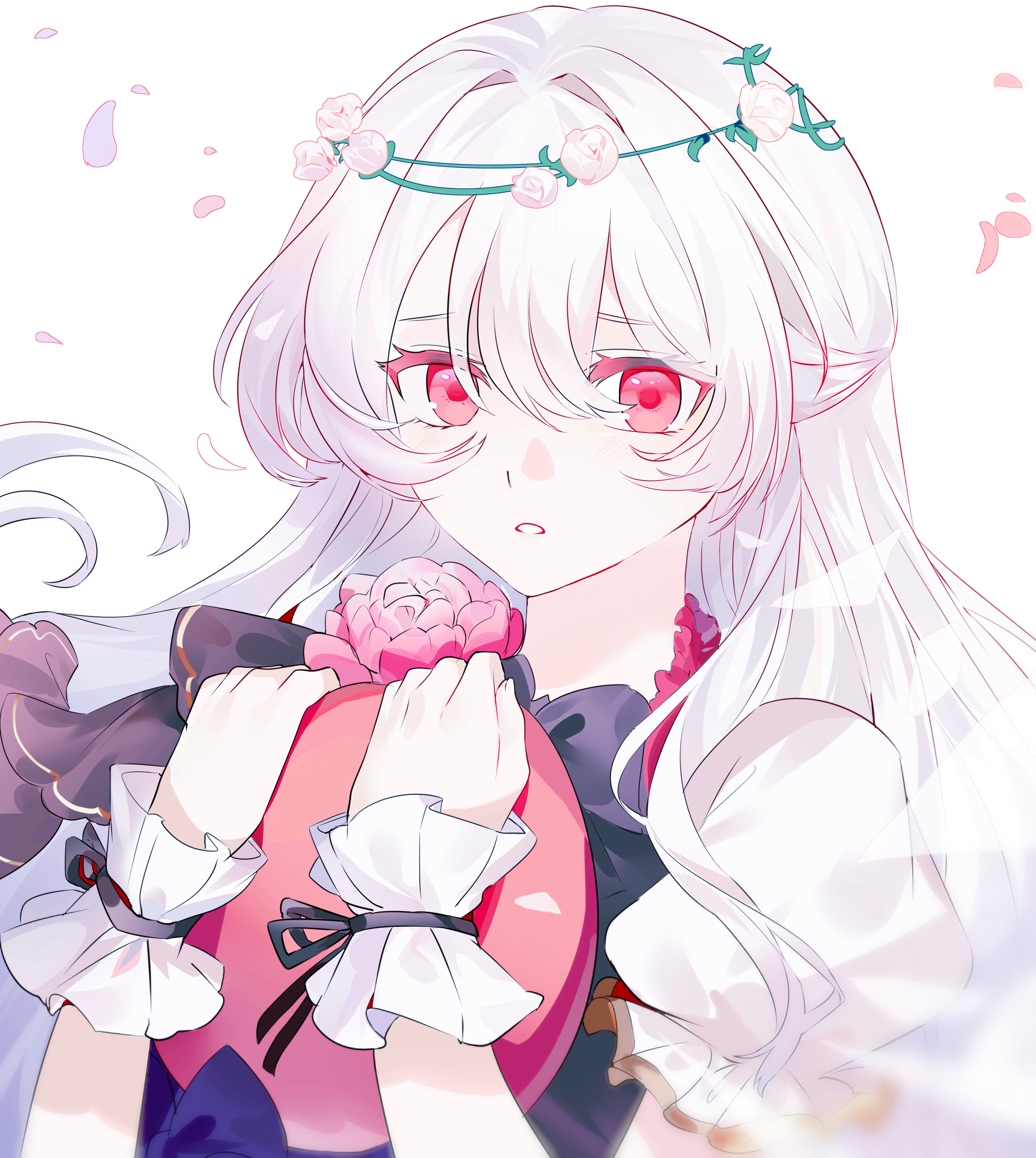 hikari (arcaea), hikari (reunion) (arcaea), arcaea, absurdres, highres, 1girl, black bow, black bowtie, black dress, bow, bowtie, dress, flower, frilled dress, frilled sleeves, frilled wrist cuffs, frills, grey hair, head wreath, kagomell, long hair, pink flower, pink rose, puffy short sleeves, puffy sleeves, red eyes, rose, short sleeves, solo, white dress, wrist cuffs