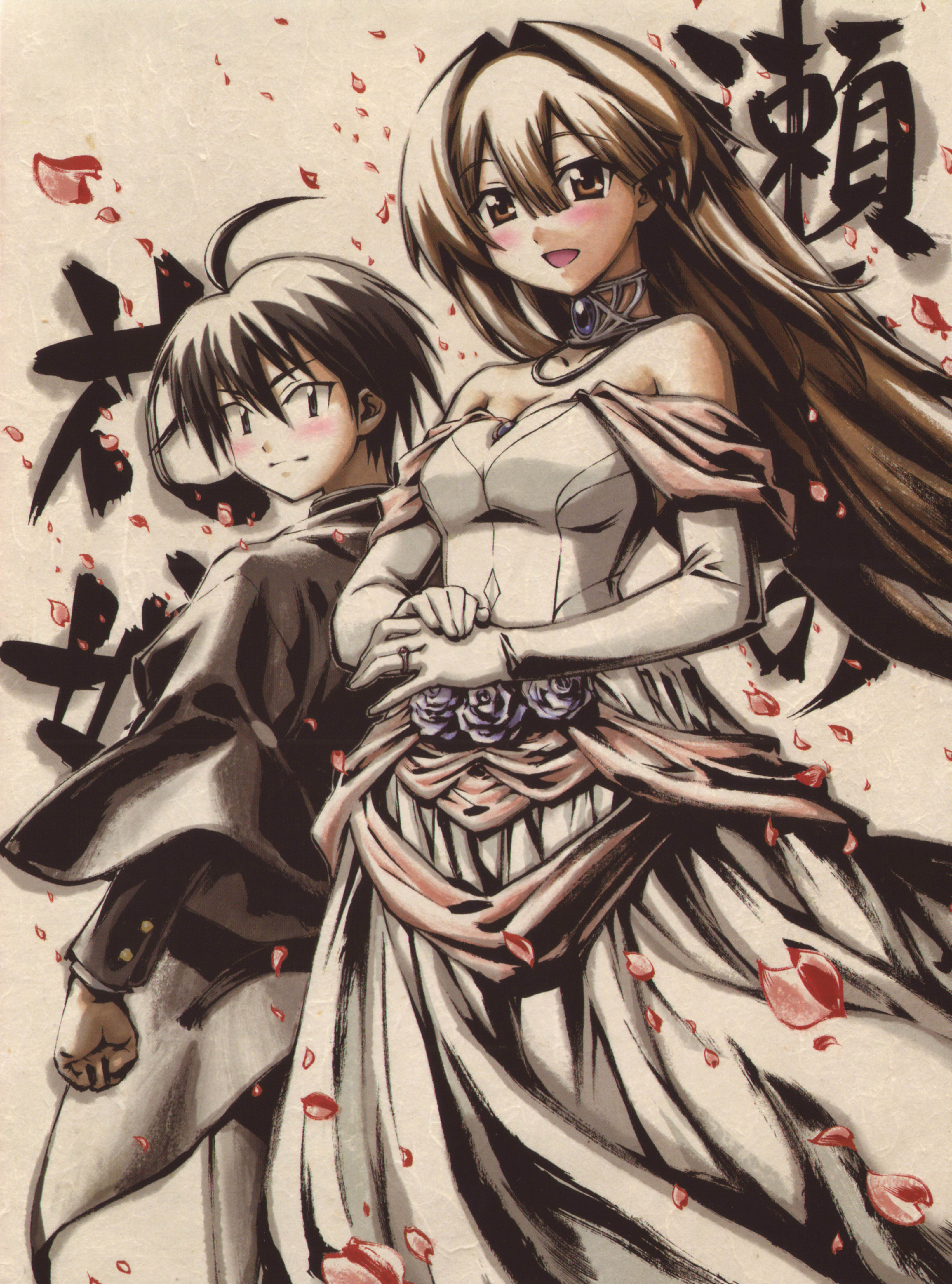 michishio nagasumi, seto sun, seto no hanayome, absurdres, highres, scan, 00s, cherry blossoms, dress, elbow gloves, gloves, wedding, wedding dress