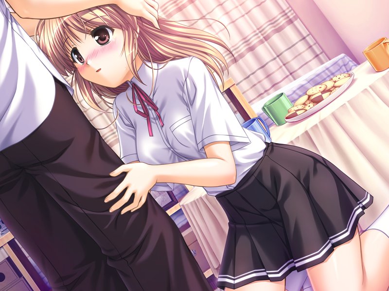 bekkankou, yuuki haruna, fortune arterial, game cg, 1girl, blush, brown hair, hand on another's head, kneeling, school uniform, serafuku, solo focus