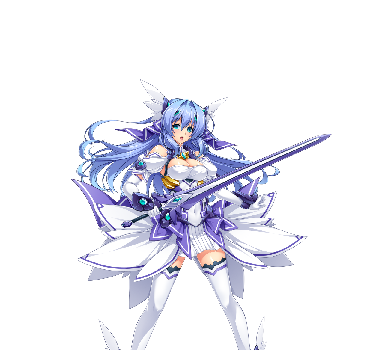 inoino, katsuragi marina, kouyoku senki exs-tia, game cg, large variant set, non-web source, official art, variant set, 1girl, aqua eyes, blue eyes, blue hair, breasts, celestia (exs-tia), chest jewel, cleavage, dress, elbow gloves, gloves, hair ornament, head wings, headgear, holding, holding sword, holding weapon, large breasts, long hair, looking at viewer, open mouth, skirt, solo, sword, thighhighs, transparent background, weapon, white gloves, white thighhighs, wings, zettai ryouiki