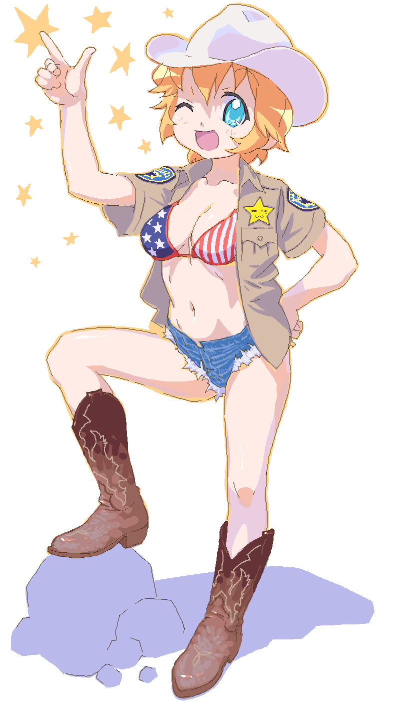sakenotorii, patricia martin, lucky star, highres, 00s, 1girl, ;d, american flag, american flag bikini, american flag print, bikini, bikini top only, blonde hair, blue eyes, boots, breasts, cleavage, cowboy boots, cowboy hat, cowboy western, denim, denim shorts, female focus, flag print, flag print bikini, full body, hand on own hip, hat, medium breasts, oekaki, one eye closed, open mouth, print bikini, short hair, shorts, simple background, smile, solo, standing, star (symbol), swimsuit, united states, white background, wink
