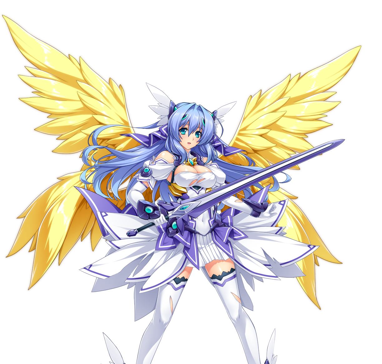 inoino, katsuragi marina, kouyoku senki exs-tia, game cg, large variant set, non-web source, official art, variant set, 1girl, aqua eyes, bare shoulders, blue eyes, blue hair, breasts, celestia (exs-tia), chest jewel, cleavage, dress, elbow gloves, feathered wings, gloves, hair ornament, head wings, headgear, holding, holding sword, holding weapon, large breasts, long hair, looking at viewer, multiple wings, open mouth, solo, sword, thighhighs, torn clothes, torn thighhighs, transparent background, weapon, white dress, white gloves, white thighhighs, wings, yellow wings, zettai ryouiki