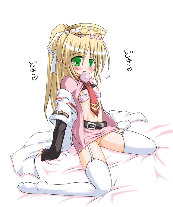 inasaki shirau, medic (sekaiju), atlus, etrian odyssey, 1girl, bed, blonde hair, blush, condom, condom in mouth, condom wrapper, female focus, flat chest, garter belt, green eyes, lingerie, mouth hold, necktie, no panties, open clothes, open shirt, ponytail, shirt, solo, thighhighs, underwear