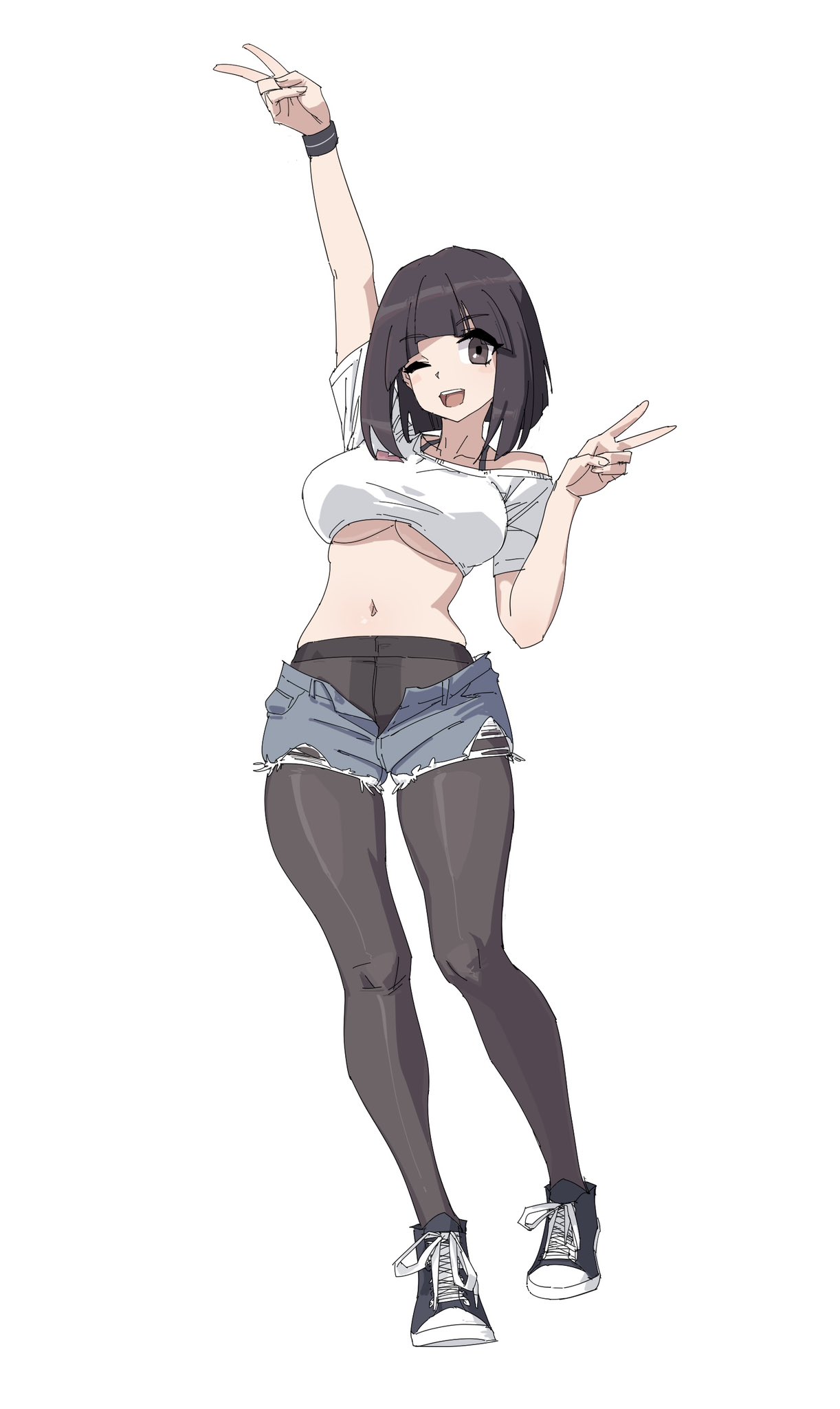 stank, original, highres, 1girl, arm up, black eyes, black hair, black pantyhose, black shoes, breasts, collarbone, crop top, crotch seam, denim, denim shorts, double v, large breasts, looking at viewer, navel, one eye closed, open clothes, open mouth, open shorts, pantyhose, shirt, shoelaces, shoes, short hair, short sleeves, shorts, sneakers, underboob, v, white shirt
