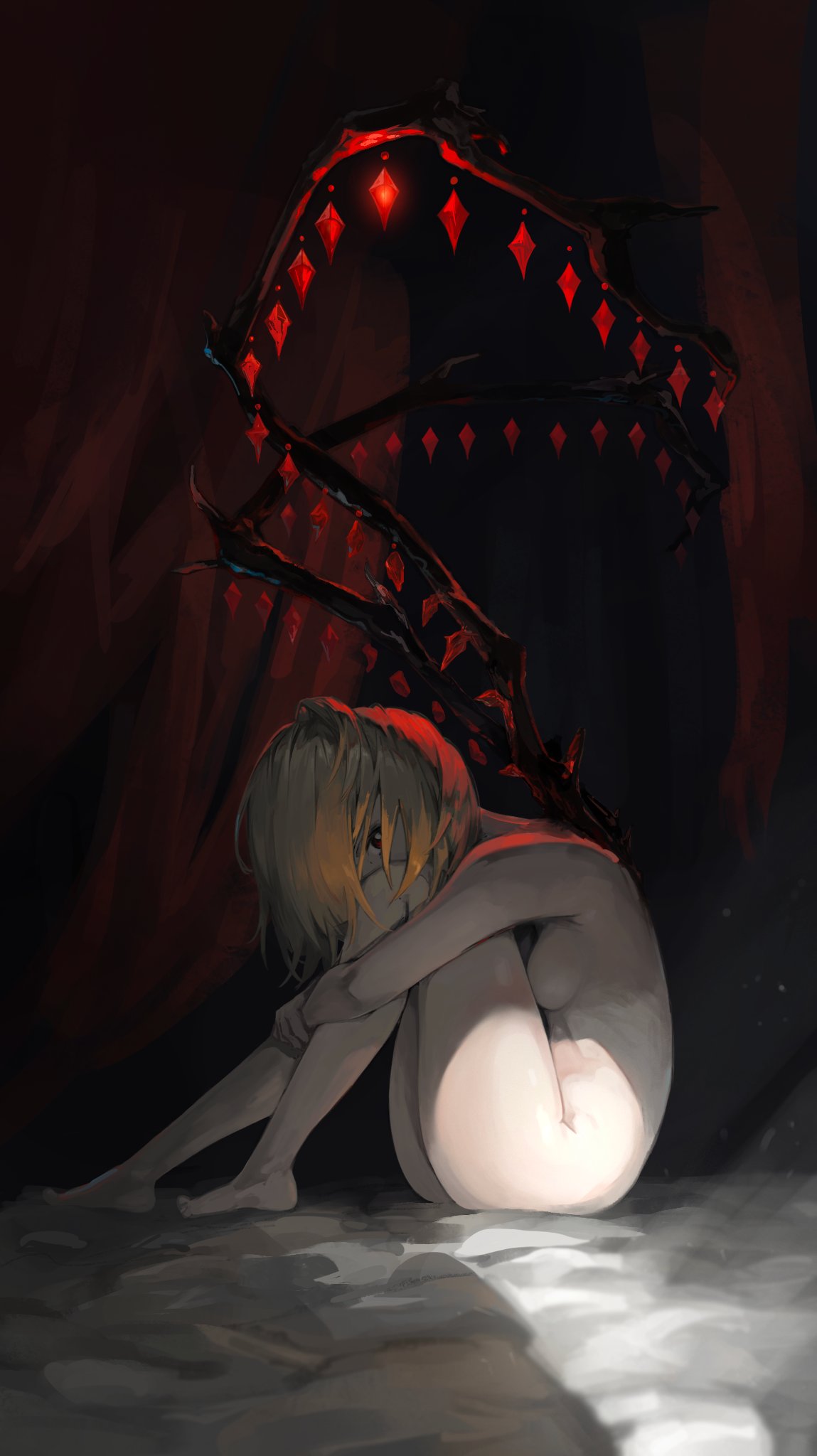 sashimi oniku, flandre scarlet, touhou, highres, 1girl, blonde hair, breasts, completely nude, crystal, dark, fetal position, from side, hair over one eye, knees up, looking at viewer, looking to the side, nude, red hair, short hair, sideboob, sitting, small breasts, solo, thighs, wings