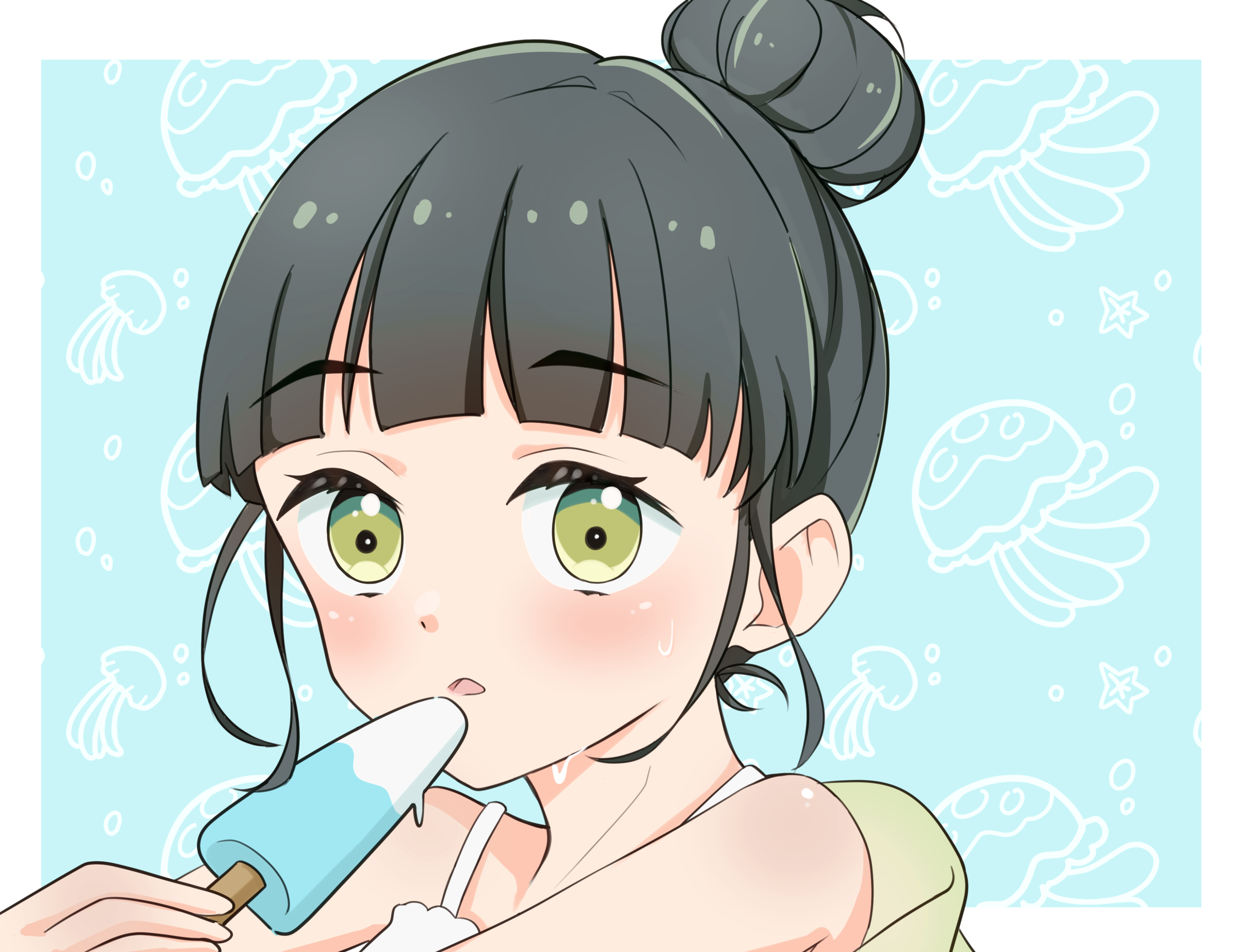 harukawa inoki, momose ginko, link! like! love live!, love live!, absurdres, commentary request, highres, 1girl, animal background, bare shoulders, black hair, blue background, blunt bangs, blush, border, camisole, cardigan, food, green cardigan, green eyes, hair bun, holding, holding food, holding popsicle, hot, jellyfish, momose ginko (sleepover at ginko's), official alternate costume, outside border, parted lips, popsicle, short hair, sidelocks, single hair bun, solo, sweat, virtual youtuber, white border, white camisole