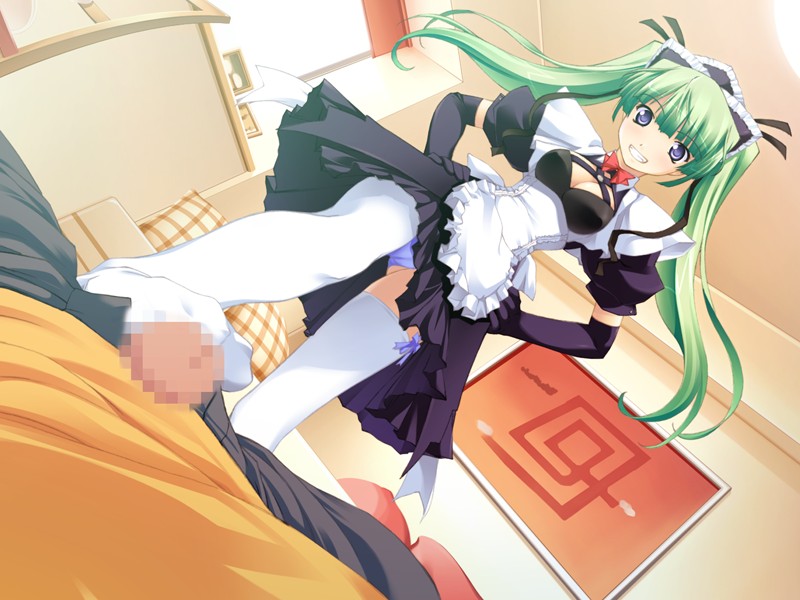 tamahiyo, homura yukine, tsuchimochi riku, emupii maid promotion master, game cg, 1girl, bdsm, blue eyes, blue panties, breasts, censored, cleavage, cleavage cutout, clothing cutout, dutch angle, elbow gloves, feet, femdom, footjob, footjob with legwear, gloves, green hair, grin, hair ribbon, hands on own hips, hetero, indoors, maid, medium breasts, mosaic censoring, no shoes, panties, pantyshot, penis, ribbon, smile, solo focus, thighhighs, twintails, underwear, white thighhighs, zettai ryouiki