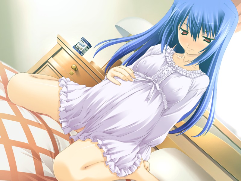 tamahiyo, mizuno aoi, emupii maid promotion master, game cg, 1girl, barefoot, bed, blue hair, bow, covered erect nipples, curtains, dutch angle, female focus, frills, long hair, pajamas, pillow, pregnant, red eyes, ribbon, sitting, smile, solo, thighs, window