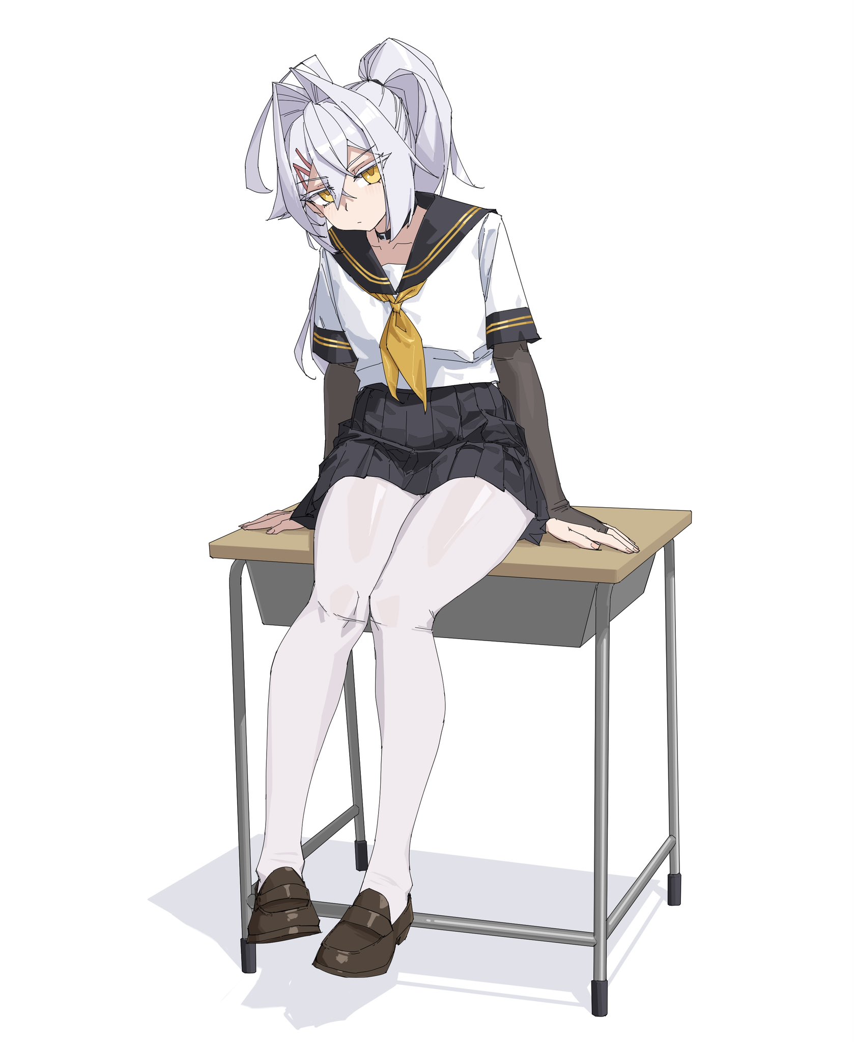 stank, original, highres, 1girl, ascot, black bridal gauntlets, black collar, black skirt, blush, bridal gauntlets, brown shoes, collar, desk, high ponytail, long hair, looking at viewer, on desk, pantyhose, pleated skirt, ponytail, school desk, school uniform, shirt, shoes, simple background, sitting, skirt, white hair, white pantyhose, white shirt, yellow ascot, yellow eyes