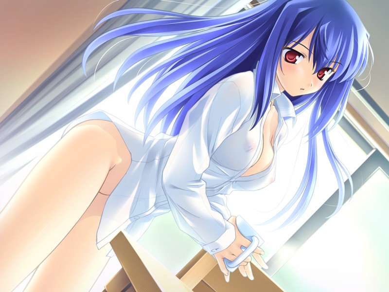 tamahiyo, mizuno aoi, emupii maid promotion master, game cg, 1girl, blue hair, bottomless, breasts, cleavage, cup, dutch angle, female focus, long hair, morning, mug, nipples, no bra, no panties, open clothes, open shirt, red eyes, see-through clothes, shirt, solo, white shirt, window