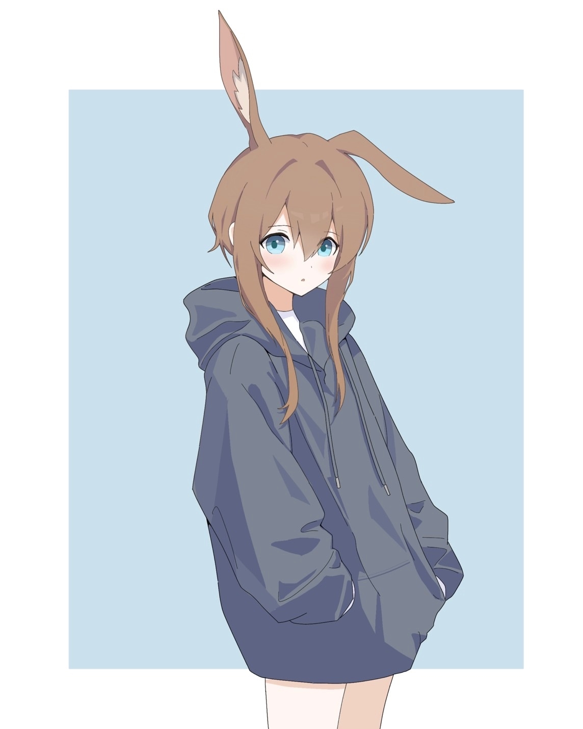 amiya (arknights), arknights, commentary, highres, 1girl, animal ears, black jacket, blue background, blue eyes, blush, border, brown hair, cowboy shot, drawstring, hair between eyes, hands in pockets, hood, hood down, hooded jacket, jacket, long sleeves, looking at viewer, nonomori (user vvae8753), outside border, parted lips, short hair with long locks, simple background, single ear down, solo, standing, white border