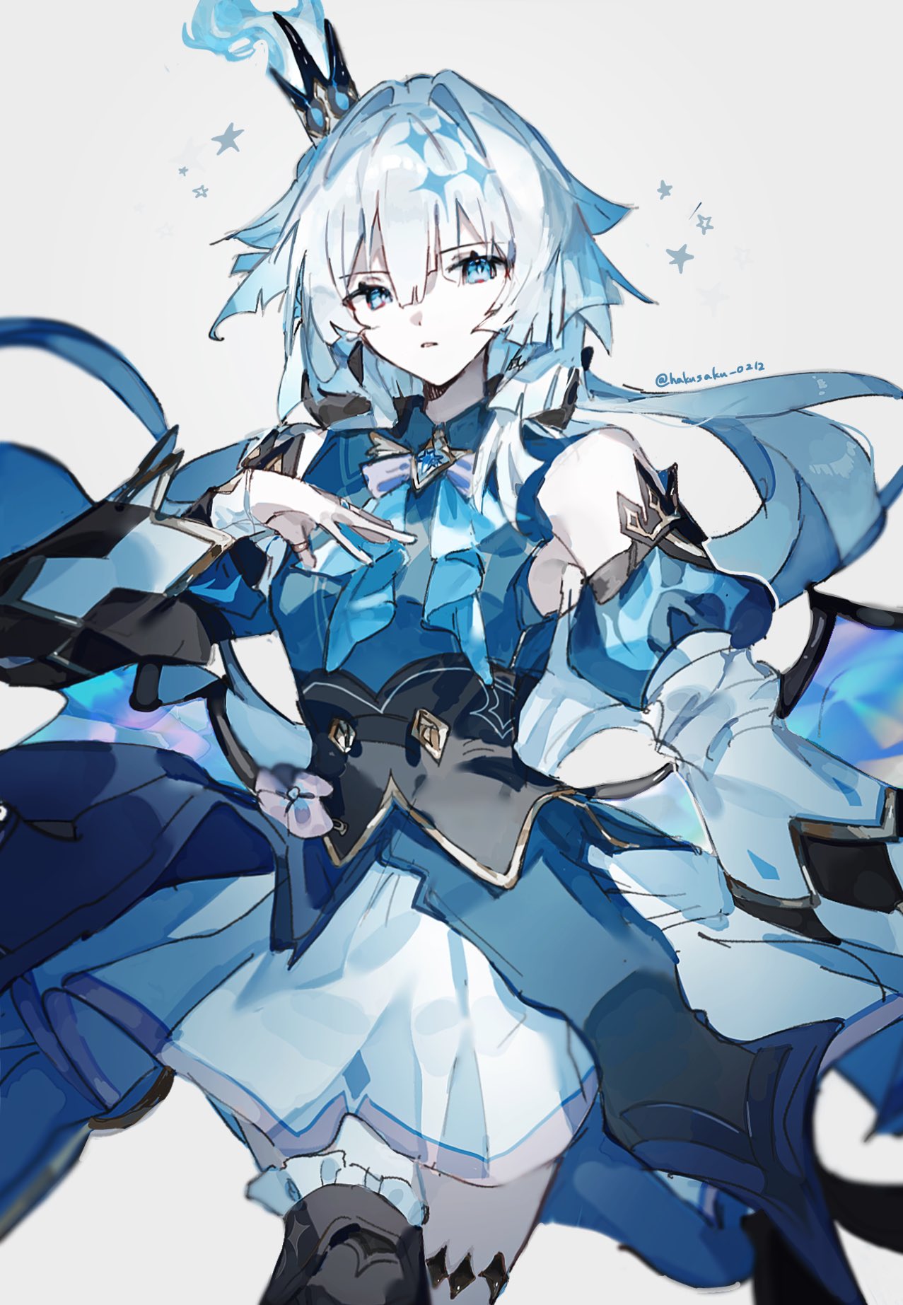 cerydra (honkai: star rail), honkai: star rail, honkai (series), highres, 1girl, bird, blue dress, blue eyes, blue hair, breasts, crow, detached sleeves, dress, hakusaku 0212, long hair, looking at viewer, ponytail, single thighhigh, small breasts, solo, thighhighs, twitter username