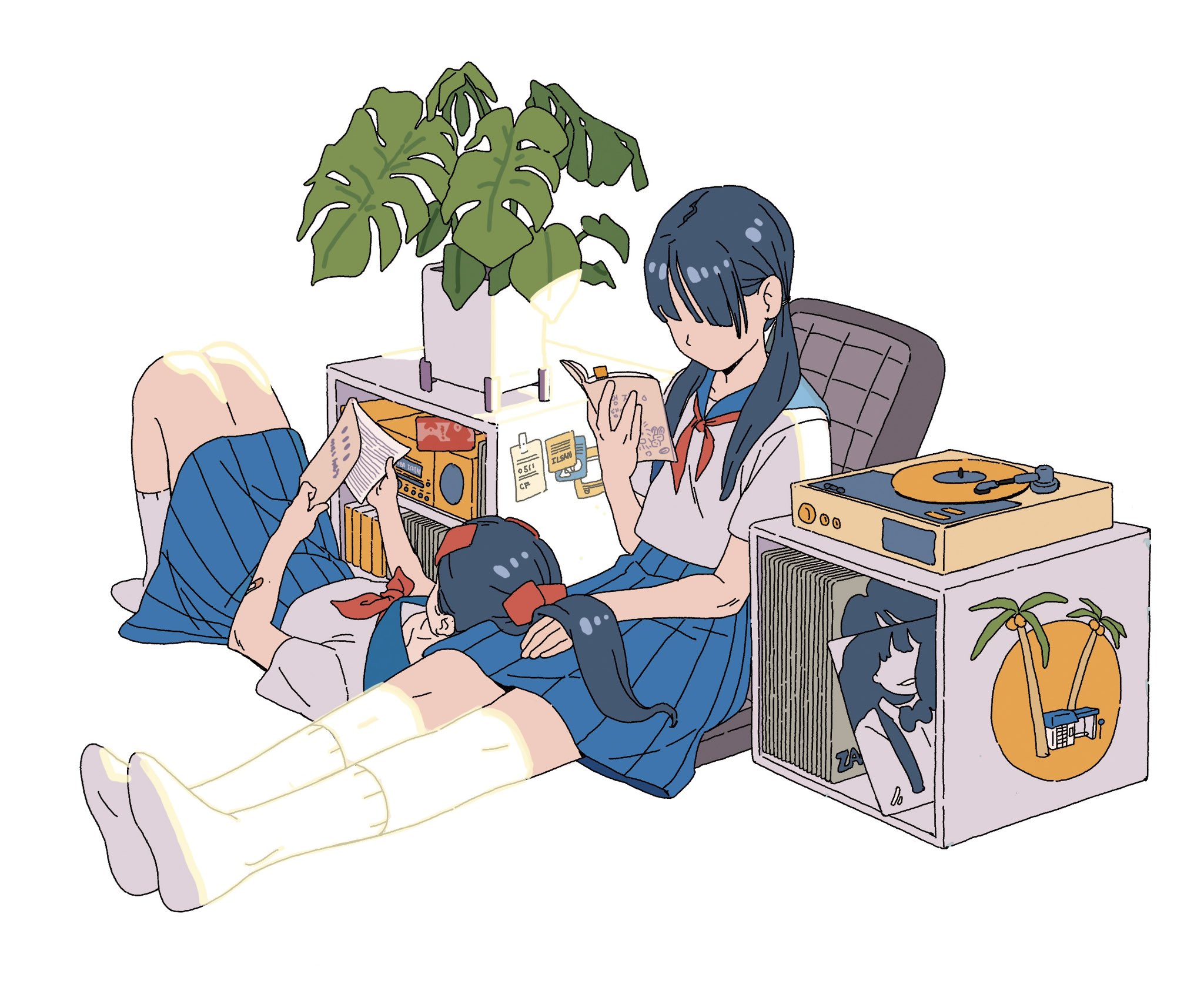 mill artworks, takeuchi mariya, original, sweetest music, highres, 2girls, blue hair, blue sky, book, faceless, faceless female, full body, hair between eyes, holding, holding book, kneehighs, leaning on person, long hair, multiple girls, phonograph, plant, ponytail, potted plant, reading, school uniform, simple background, sitting, sky, socks, twintails, vinyl record, white background, white socks