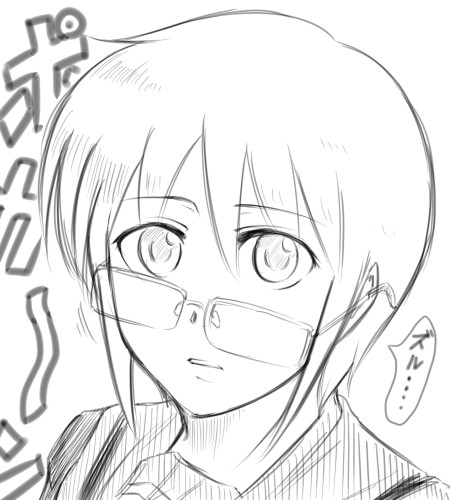 kanno takanori, nagato yuki, suzumiya haruhi no yuuutsu, commentary, lowres, 00s, 1girl, female focus, glasses, greyscale, monochrome, pokaan, short hair, solo