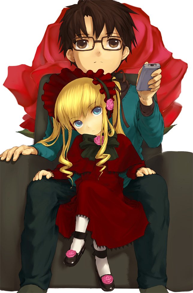 negy, sakurada jun, shinku, rozen maiden, 00s, 1boy, 1girl, black-framed eyewear, blonde hair, blue eyes, bonnet, controller, doll, drill hair, glasses, height difference, long sleeves, looking at viewer, pants, remote control, sidelocks, simple background, sweater, twin drills, twintails, white background