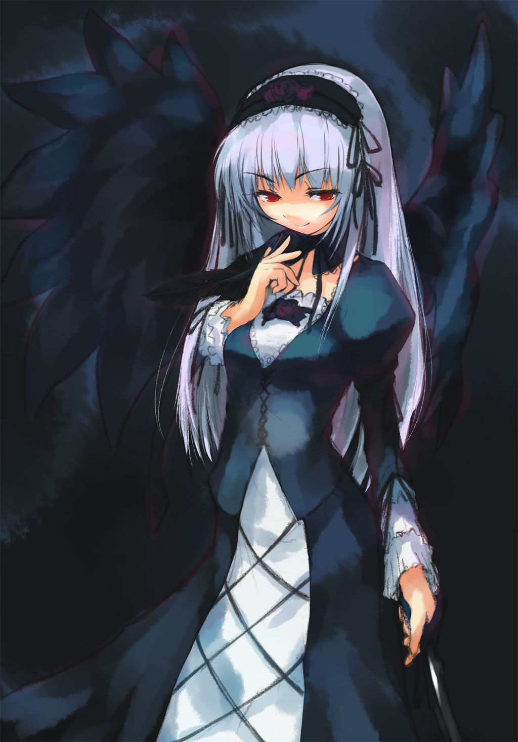 negy, suigintou, rozen maiden, silver hair, highres, >:), 00s, 1girl, arm at side, collarbone, cowboy shot, cross-laced clothes, detached collar, dress, expressionless, feathers, female focus, finger to mouth, frills, hairband, index finger raised, juliet sleeves, lolita hairband, long hair, long sleeves, looking at viewer, puffy sleeves, red eyes, solo, standing, v-shaped eyebrows, very long hair