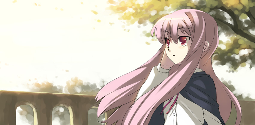 oryo (oryo04), louise francoise le blanc de la valliere, zero no tsukaima, 00s, 1girl, cape, female focus, long hair, pink hair, red eyes, solo, tree