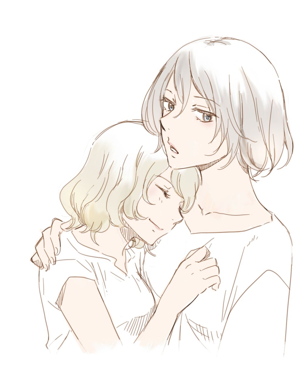 akiyama haru, original, commentary request, highres, 2girls, blonde hair, bob cut, closed eyes, closed mouth, collarbone, cropped torso, grey hair, hand on another's chest, hand on another's shoulder, happy, hug, multiple girls, pale color, parted lips, shirt, short hair, short sleeves, simple background, smile, white background, white shirt, yuri